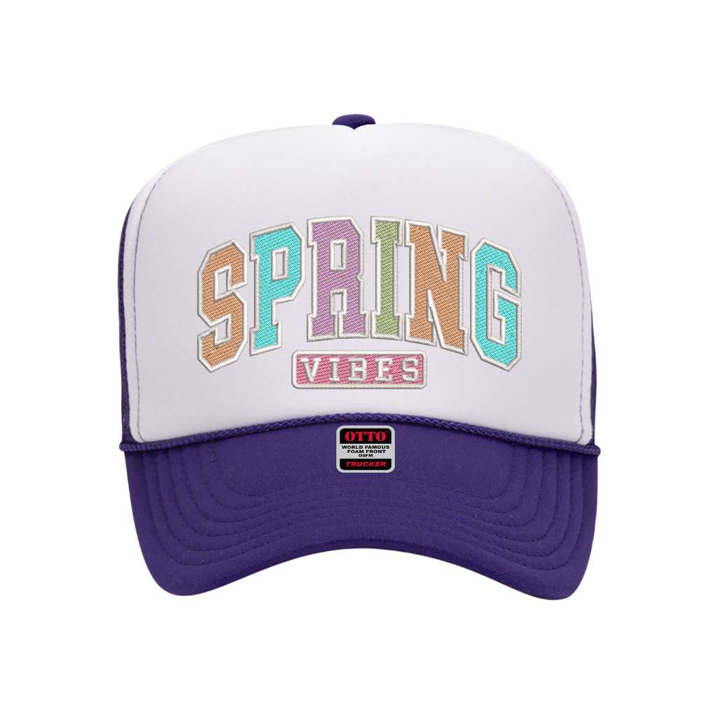 Purple with white front tab foam trucker hat embroidered with the phrase spring vibes on it-DSY Lifestyle