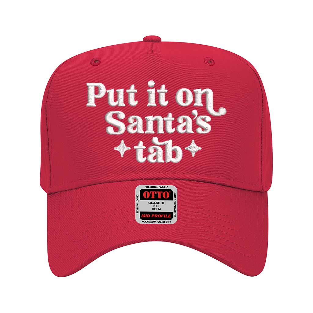 Solid Red Put It On Santa’s Tab 5-Panel Embroidered Baseball Hat with festive embroidery and adjustable snapback closure – DSY Lifestyle