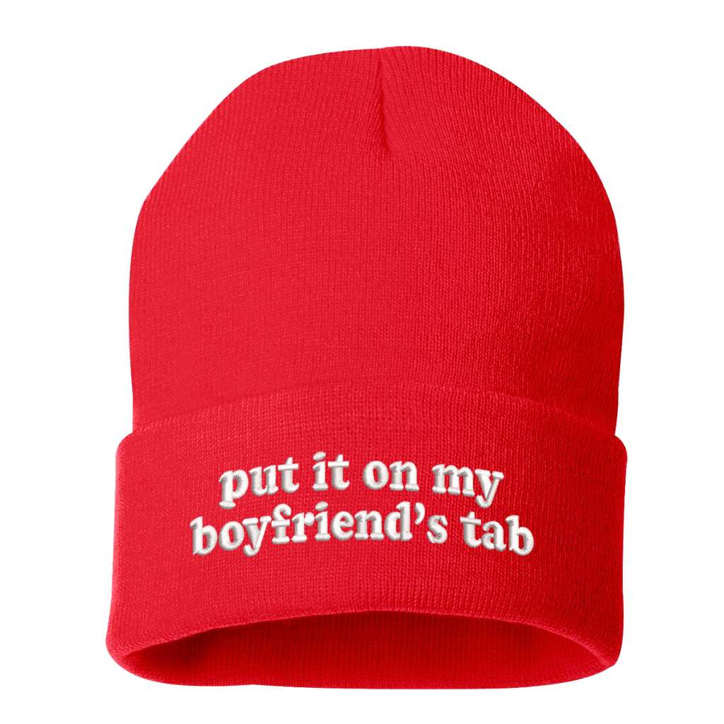 Red beanie embroidered with the phrase put it on my boyfriends tab-DSY Lifestyle