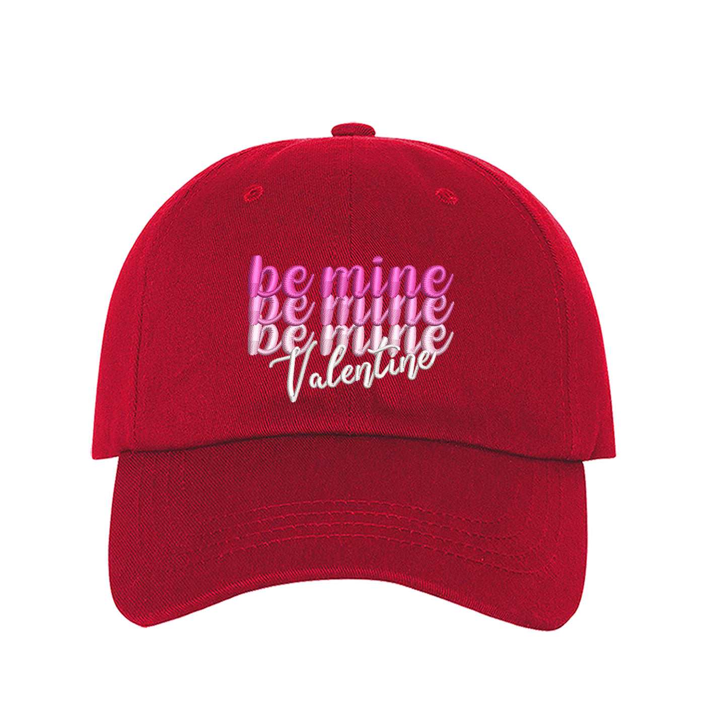 Red Be Mine Valentines Baseball Hat with "Be Mine" stacked embroidered on a classic dad cap, a romantic and giftable accessory from the DSY Lifestyle Valentines Day Collection.