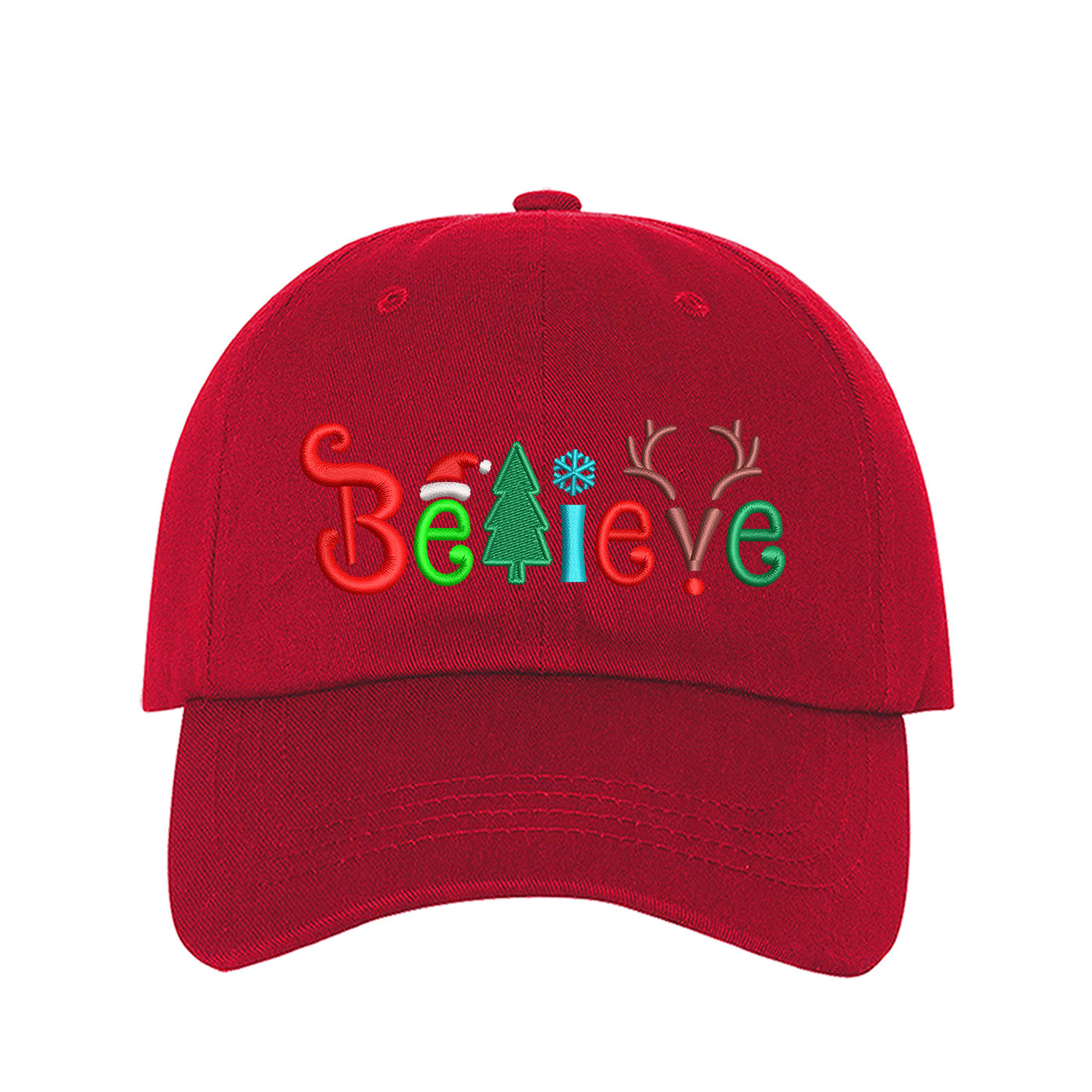 Red Believe Christmas Embroidered Baseball Hat with festive holiday stitching, curved brim, and adjustable hook-and-loop closure – DSY Lifestyle