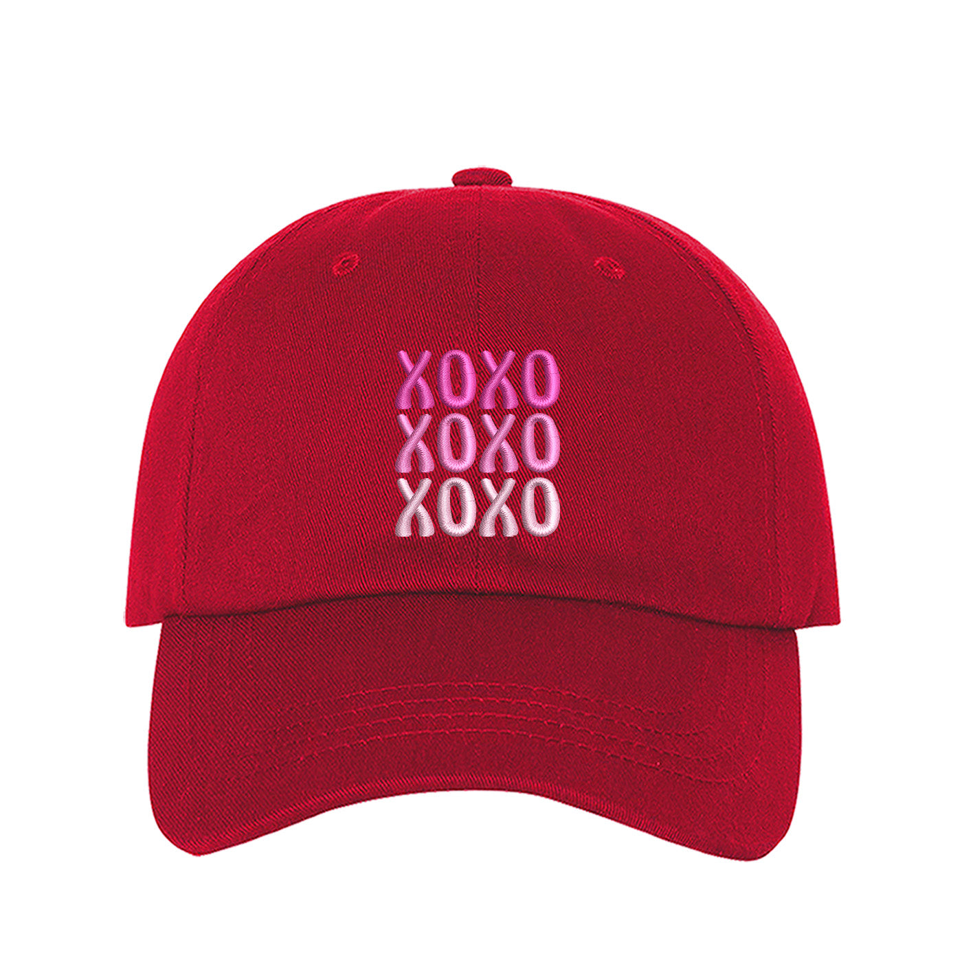 Red XOXO Baseball Hat, a trendy and sweet embroidered accessory featuring a classic "XOXO" design for Valentine&
