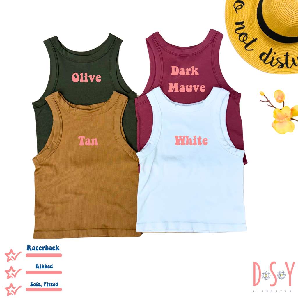Racer Back tank color chart - Olive, Mauve, Tan, White