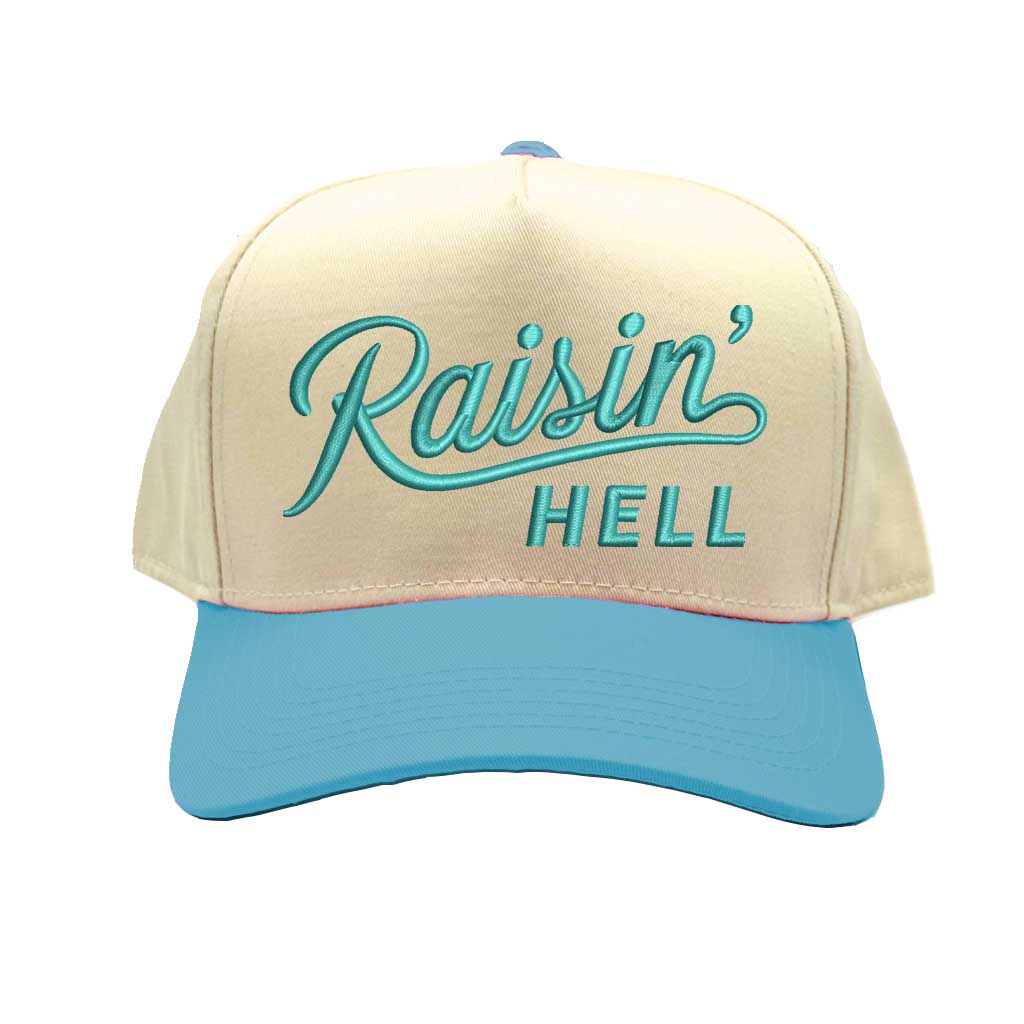 Natural Aqua Raisin Hell Spring 5-Panel Two-Tone Embroidered Baseball Hat – A rebellious, embroidered cap with a fresh two-tone design, perfect for those who live unapologetically – DSY Lifestyle
