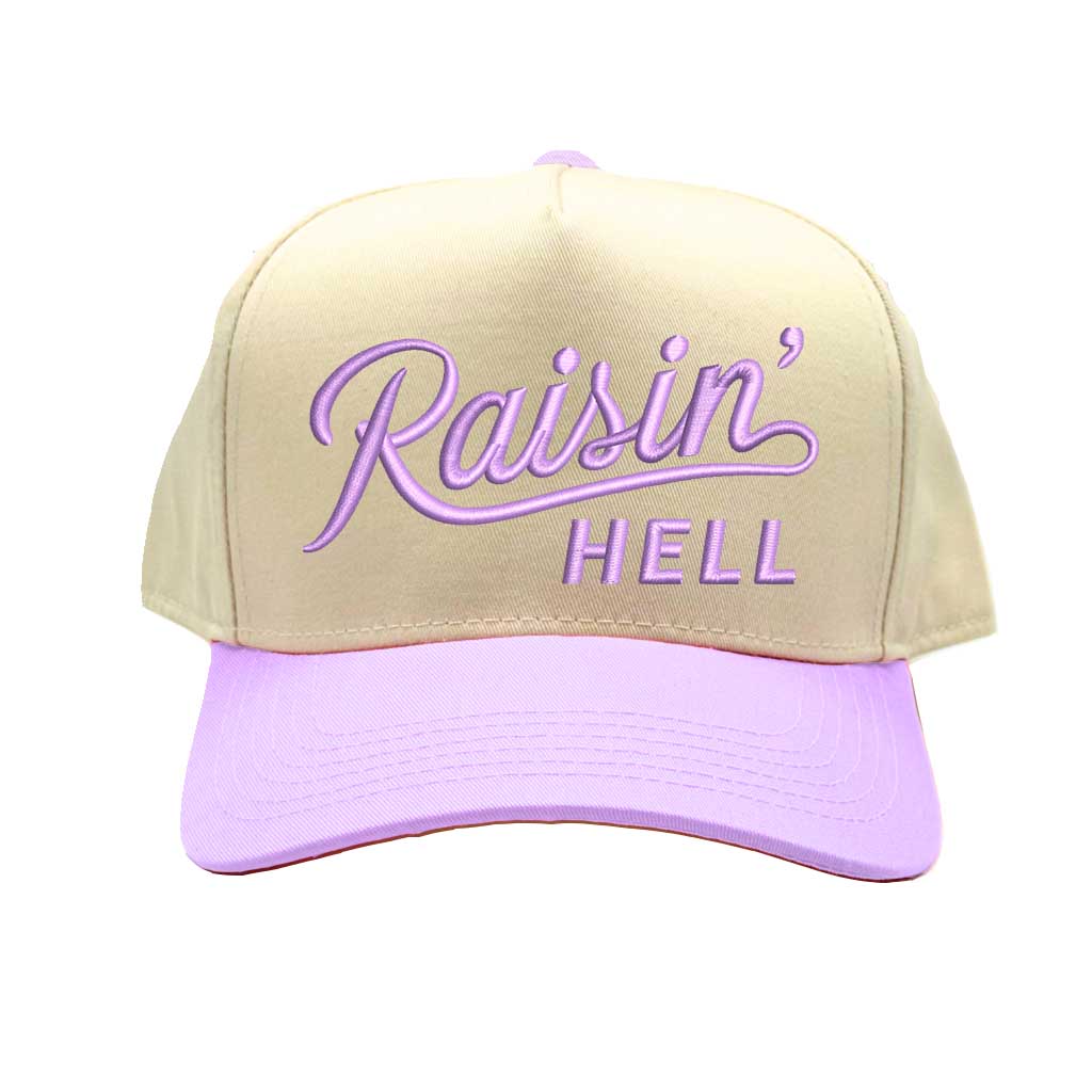 Natural Lavender Raisin Hell Spring 5-Panel Two-Tone Embroidered Baseball Hat – A rebellious, embroidered cap with a fresh two-tone design, perfect for those who live unapologetically – DSY Lifestyle