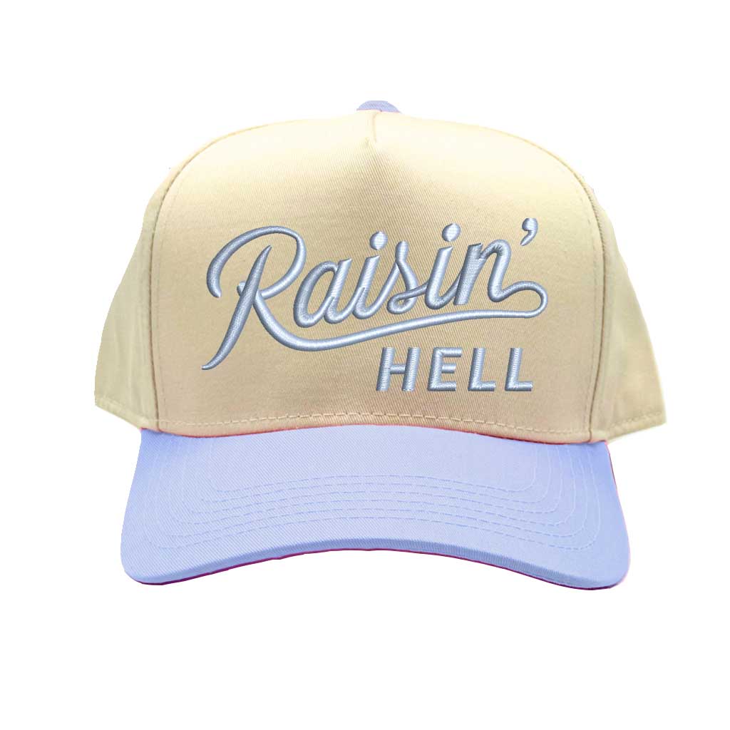 Natural Sky Blue Raisin Hell Spring 5-Panel Two-Tone Embroidered Baseball Hat – A rebellious, embroidered cap with a fresh two-tone design, perfect for those who live unapologetically – DSY Lifestyle