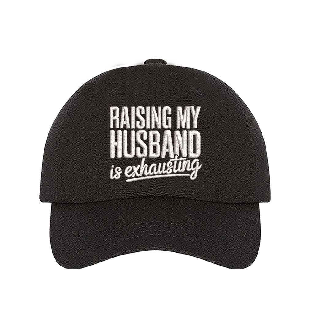 RAISING MY HUSBAND IS EXHAUSTING Black & White Funny Trucker Hat Raising My Husband is Exhausting main image 4