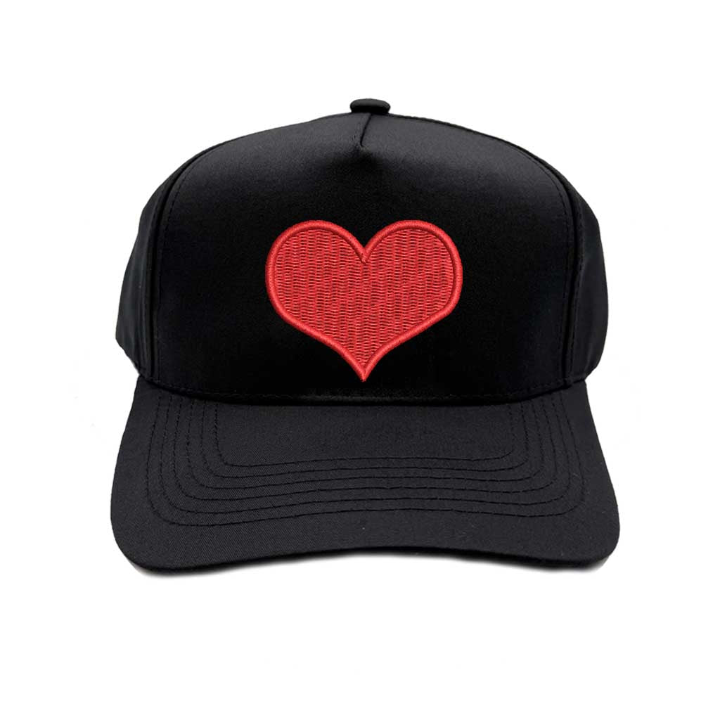 Solid Black Red Heart 5-Panel Baseball Hat, a trendy heart-embroidered accessory perfect for Valentine&