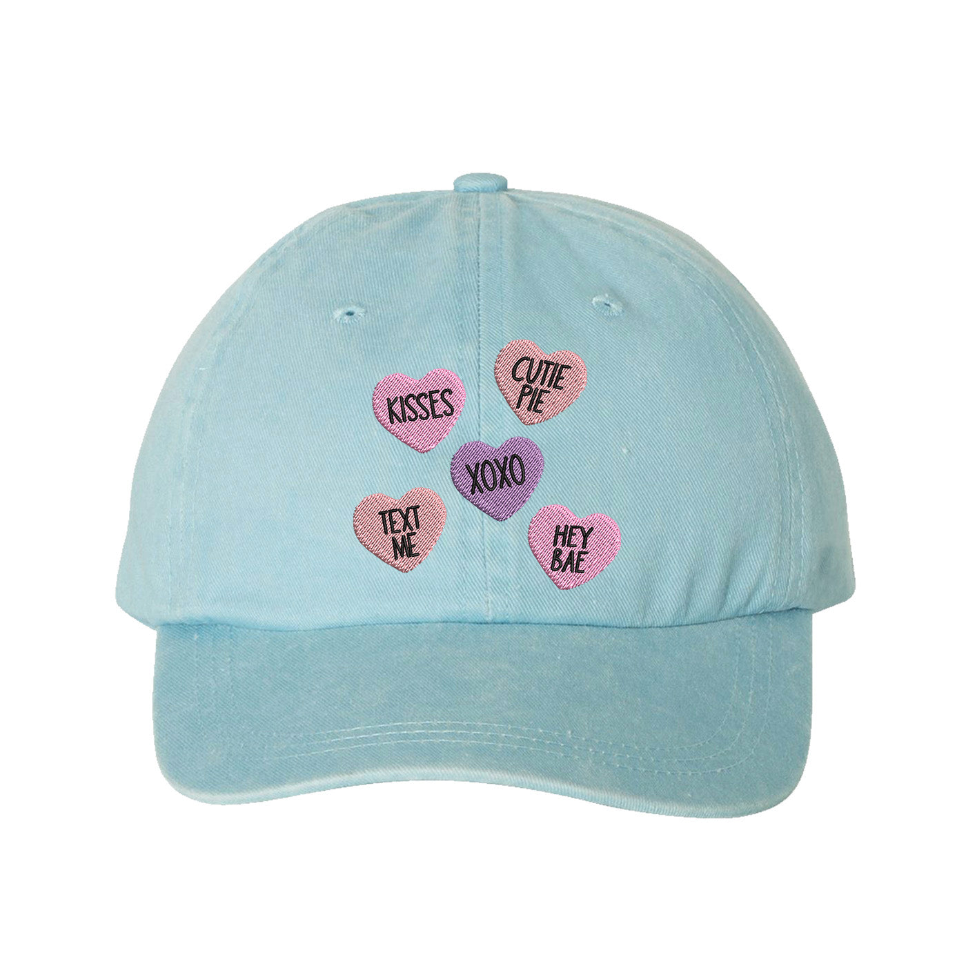 Sky Blue Candy Hearts Washed Baseball Hat featuring colorful pastel conversation heart embroidery on a vintage washed dad cap by DSY Lifestyle.