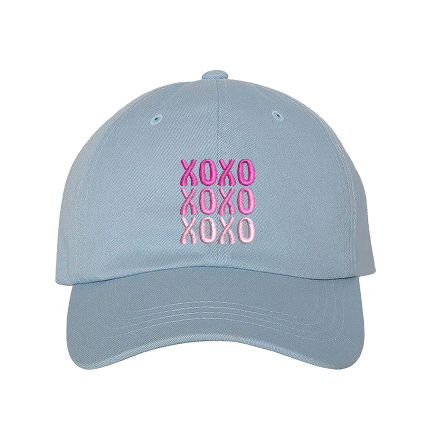 Sky Blue XOXO Baseball Hat, a trendy and sweet embroidered accessory featuring a classic "XOXO" design for Valentine&