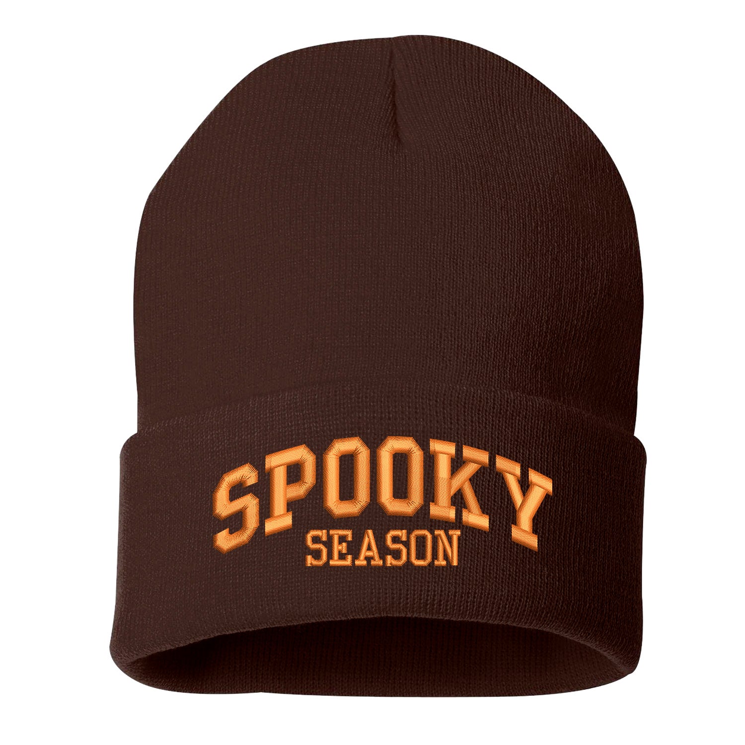 Brown Spooky Season Embroidered Beanie Cap featuring festive embroidery and cozy knit design perfect for fall and Halloween style – DSY Lifestyle