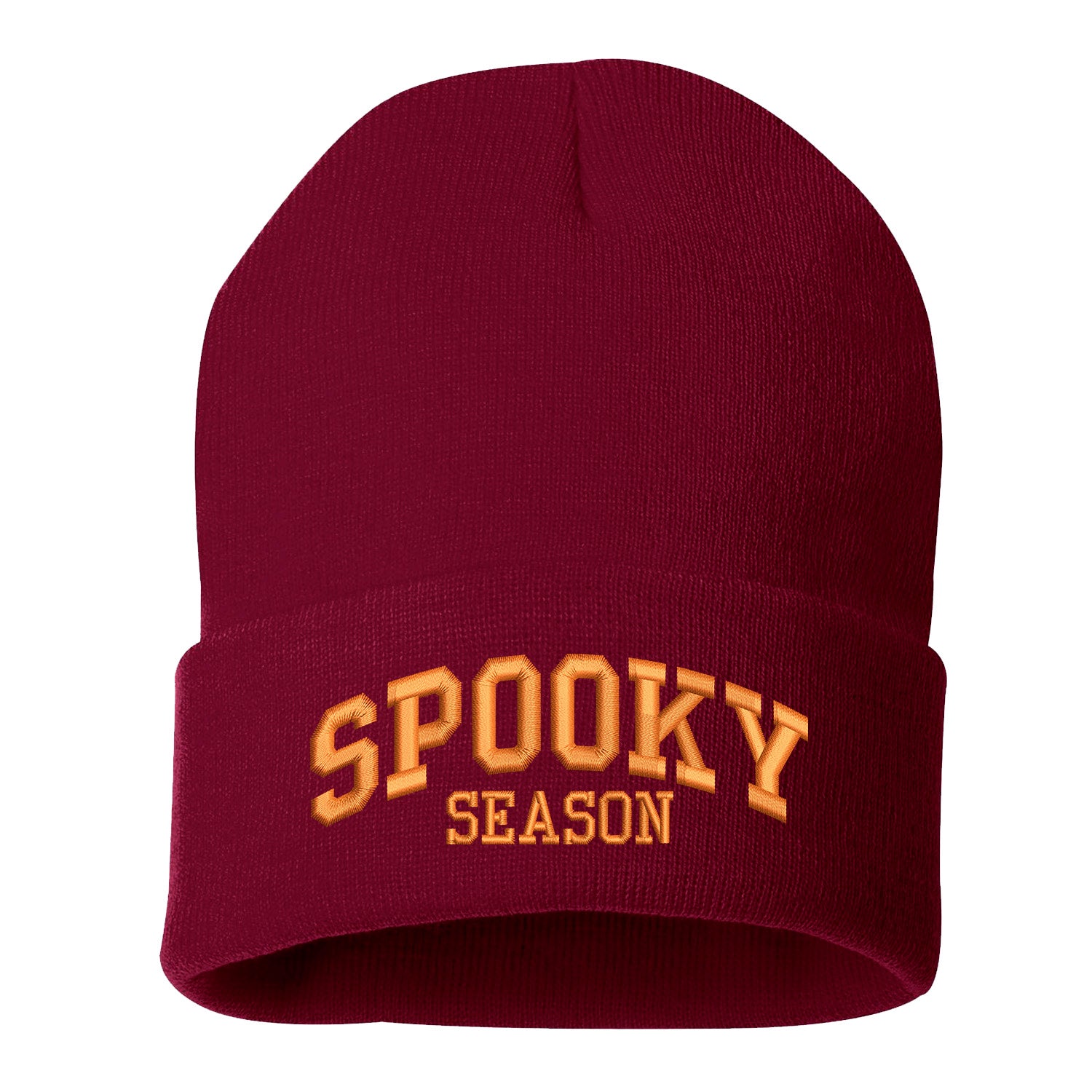 Burgundy Spooky Season Embroidered Beanie Cap featuring festive embroidery and cozy knit design perfect for fall and Halloween style – DSY Lifestyle