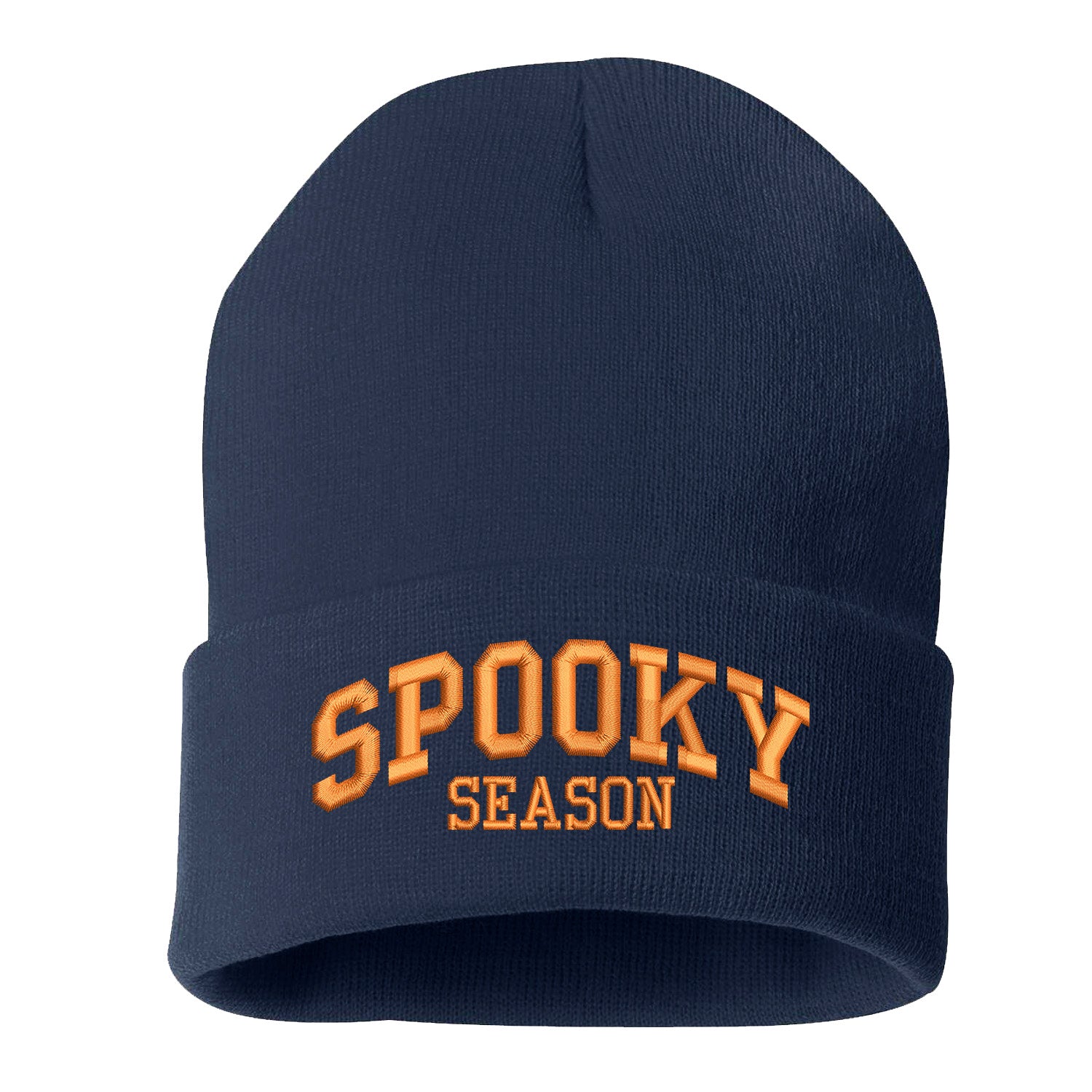 Navy Blue Spooky Season Embroidered Beanie Cap featuring festive embroidery and cozy knit design perfect for fall and Halloween style – DSY Lifestyle