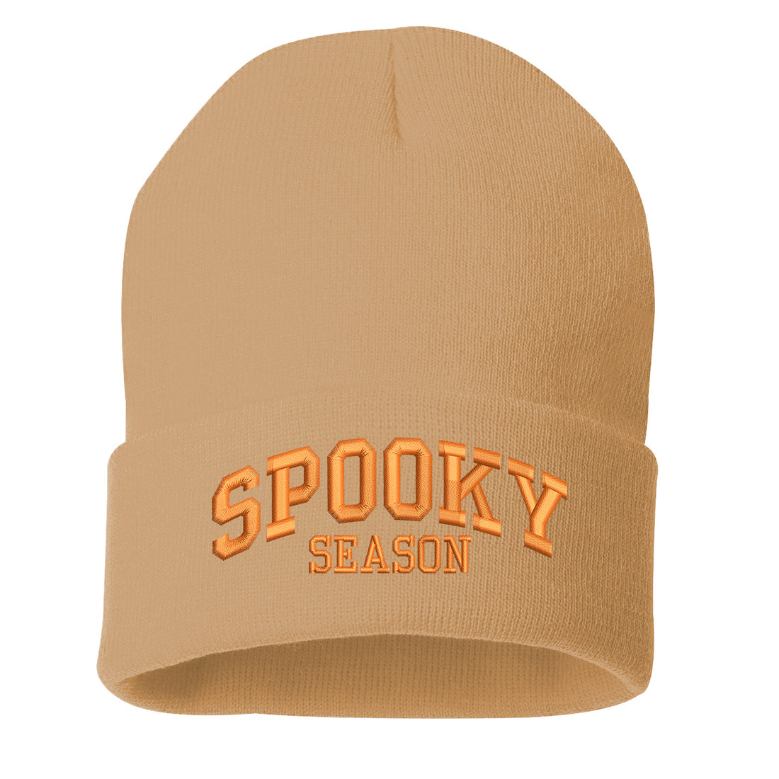 Tan Spooky Season Embroidered Beanie Cap featuring festive embroidery and cozy knit design perfect for fall and Halloween style – DSY Lifestyle