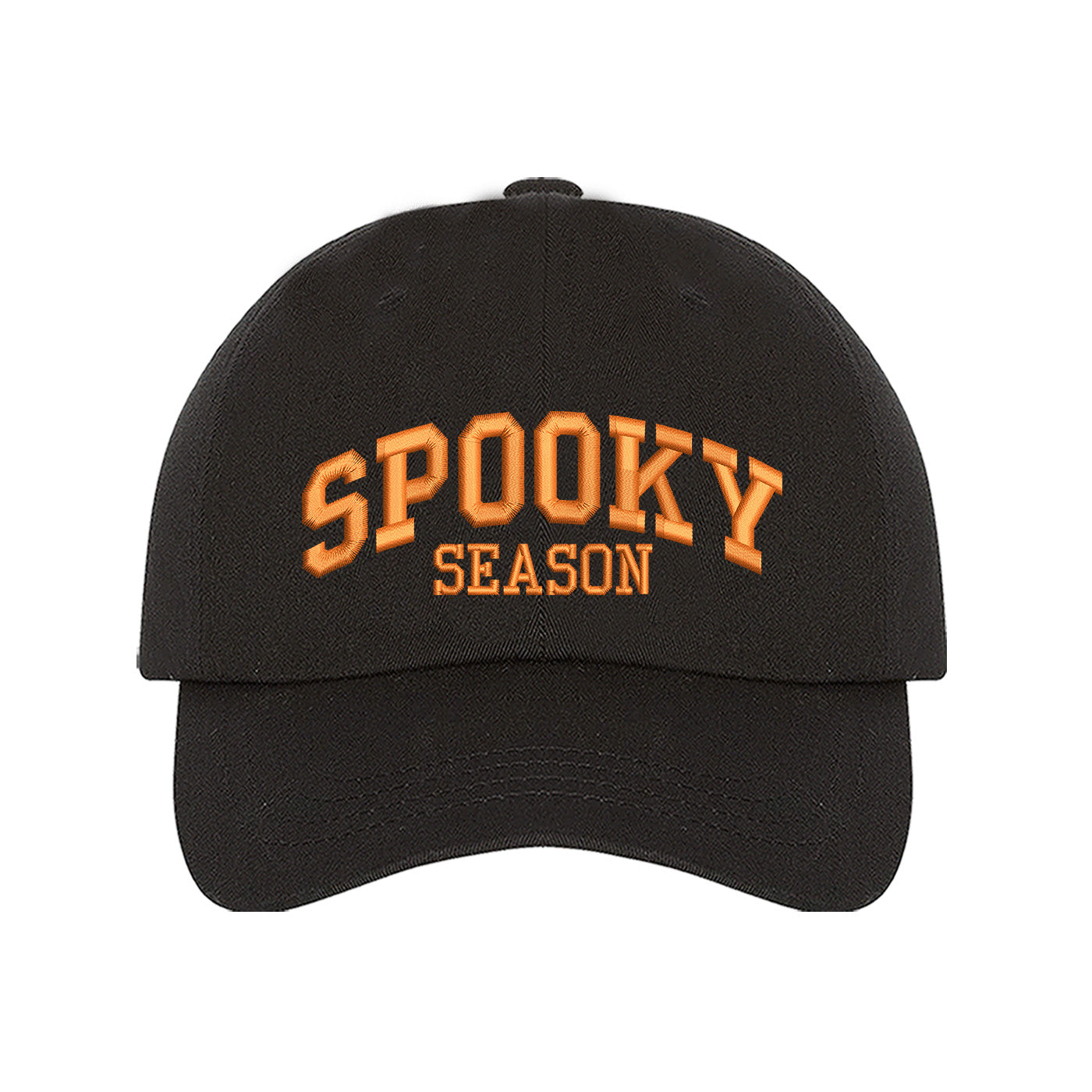 Black Spooky Season Halloween Embroidered Baseball Hat with festive orange stitching, adjustable strap, and classic cotton fit. – DSY Lifestyle