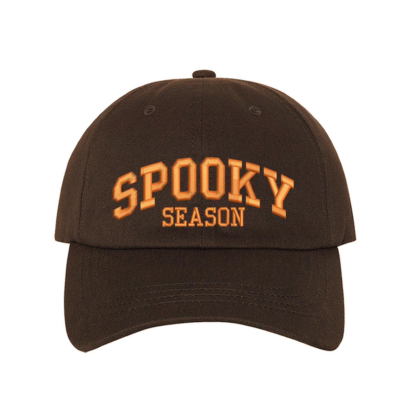 Brown Spooky Season Halloween Embroidered Baseball Hat with festive orange stitching, adjustable strap, and classic cotton fit. – DSY Lifestyle