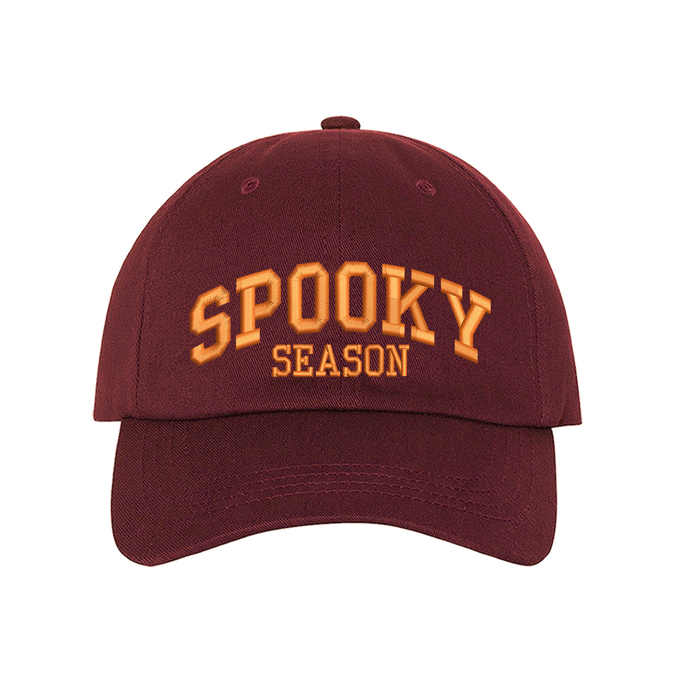 Burgundy Spooky Season Halloween Embroidered Baseball Hat with festive orange stitching, adjustable strap, and classic cotton fit. – DSY Lifestyle