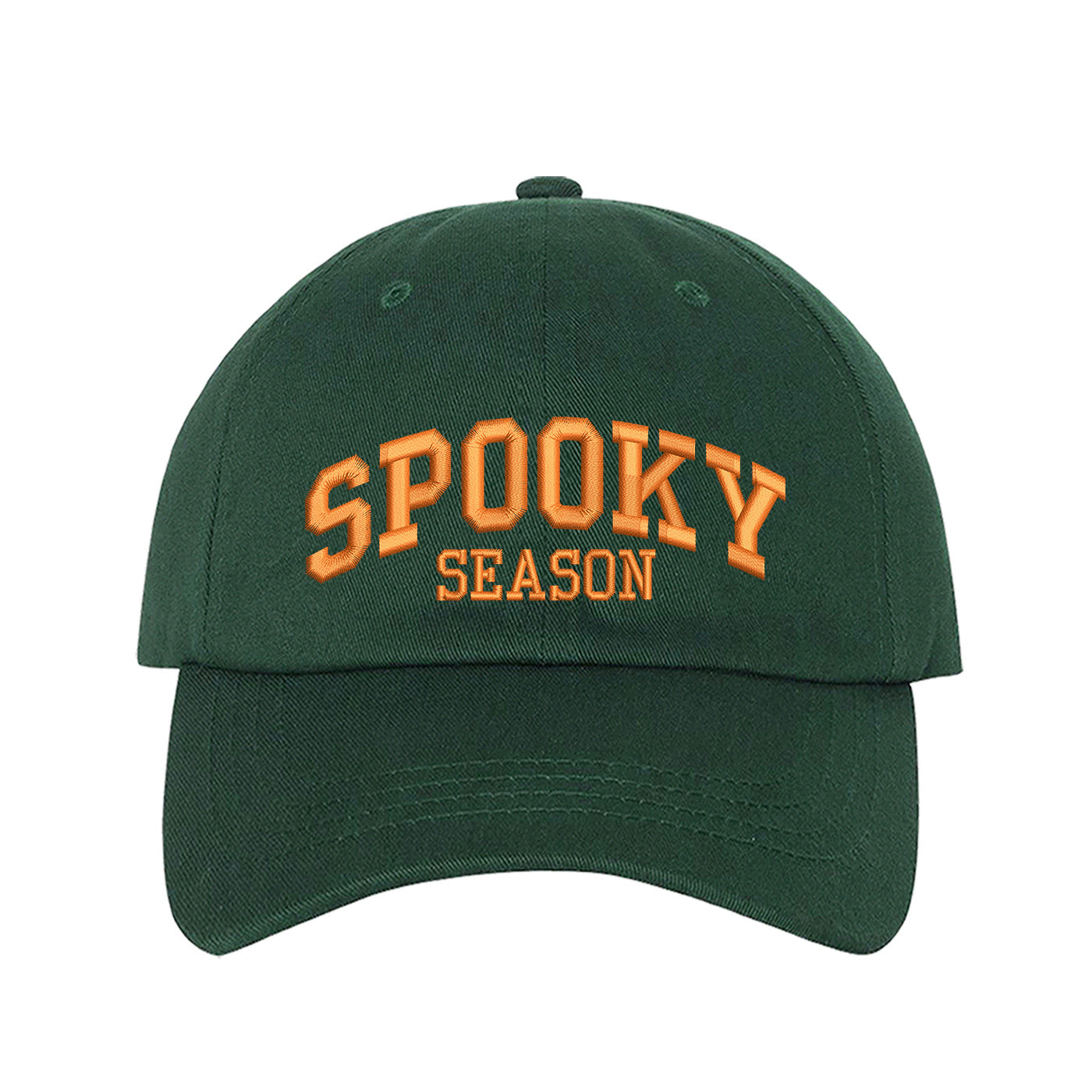Forest Green Spooky Season Halloween Embroidered Baseball Hat with festive orange stitching, adjustable strap, and classic cotton fit. – DSY Lifestyle