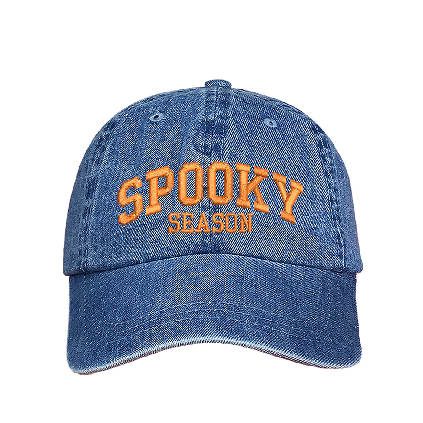 Light Denim Spooky Season Halloween Embroidered Baseball Hat with festive orange stitching, adjustable strap, and classic cotton fit. – DSY Lifestyle