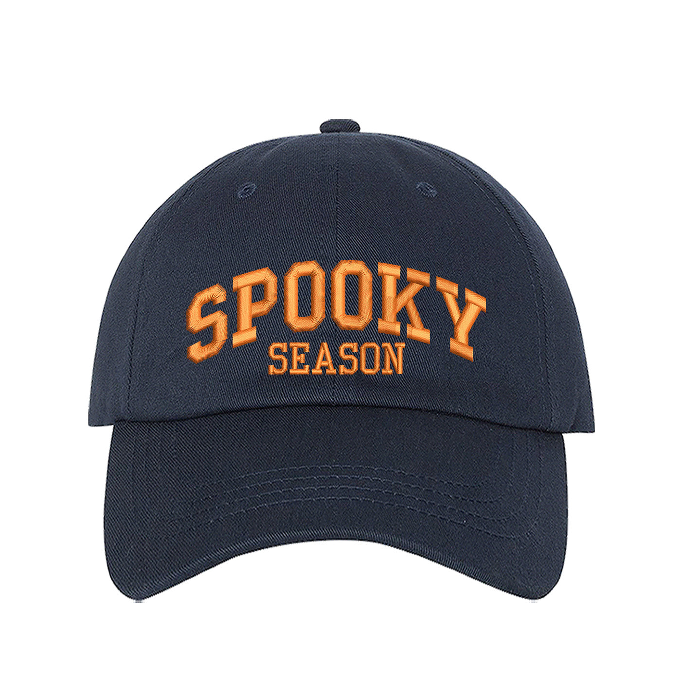 Navy Blue Spooky Season Halloween Embroidered Baseball Hat with festive orange stitching, adjustable strap, and classic cotton fit. – DSY Lifestyle