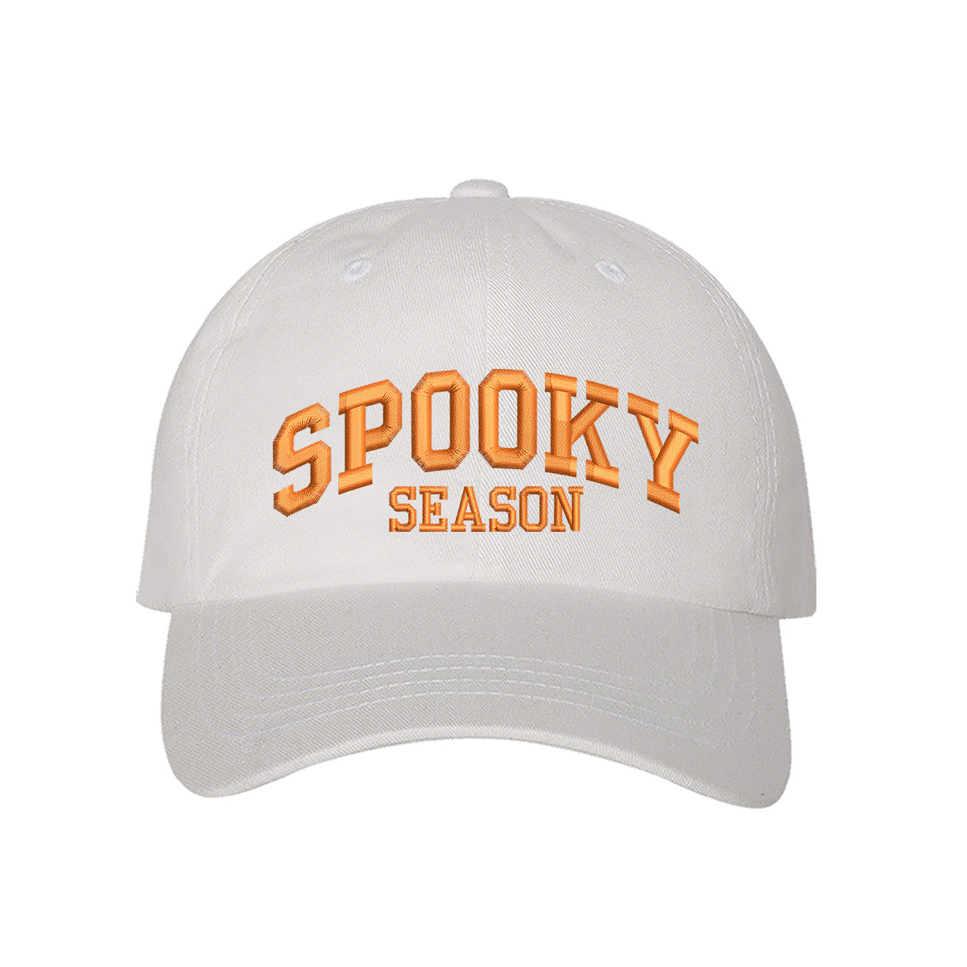 White Spooky Season Halloween Embroidered Baseball Hat with festive orange stitching, adjustable strap, and classic cotton fit. – DSY Lifestyle