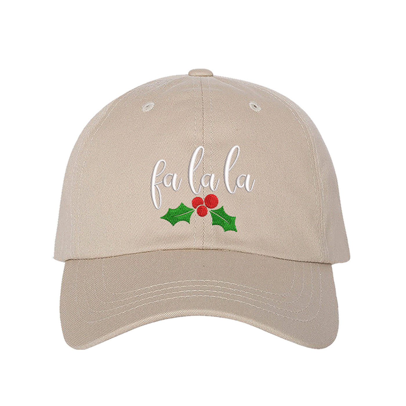 Stone Fa La La Christmas Mistletoe Embroidered Baseball Hat featuring festive holiday embroidery with mistletoe design and adjustable hook and loop fit. – DSY Lifestyle