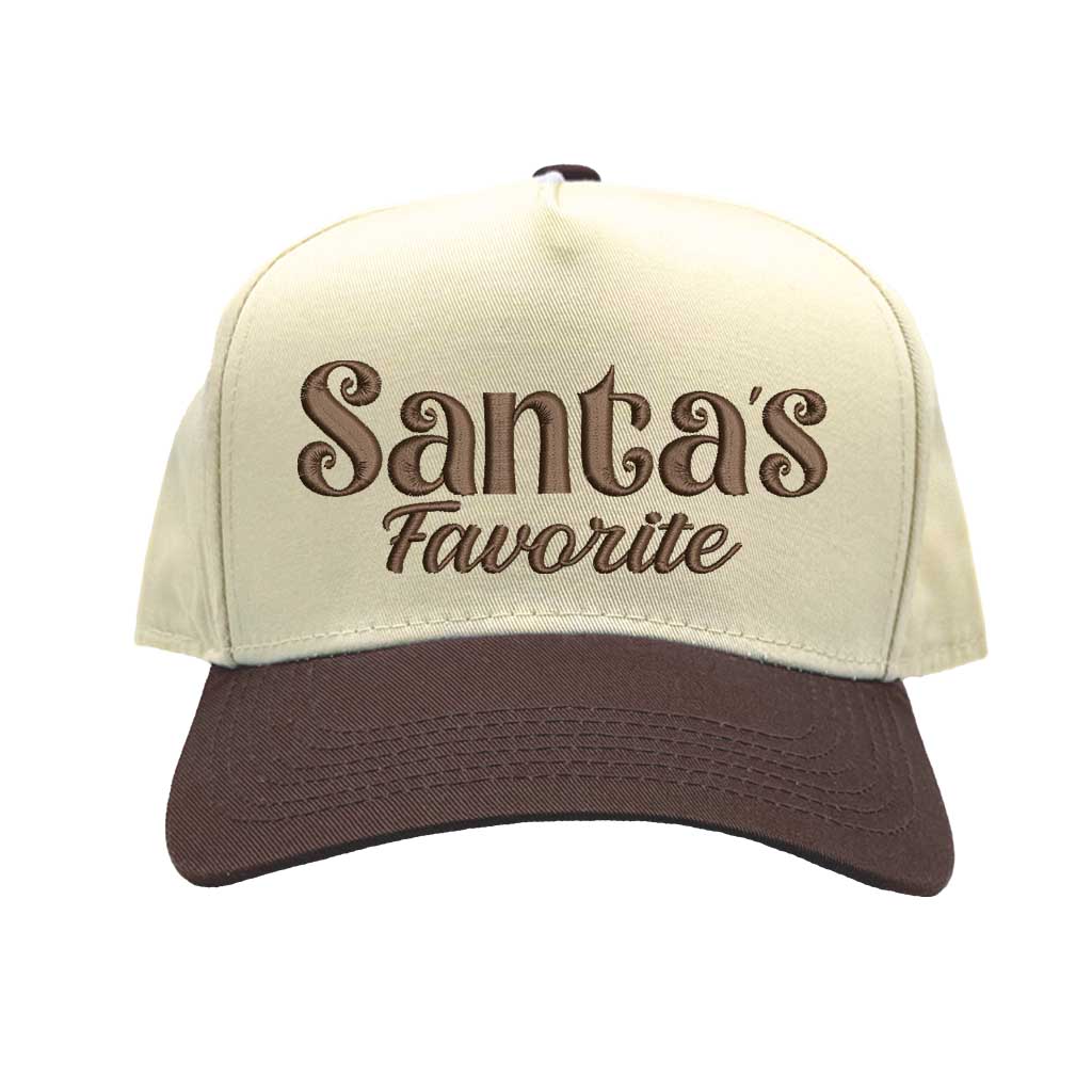 Natural Brown Santa’s Favorite Christmas Two Tone 5 Panel Embroidered Baseball Hat with bold festive embroidery and adjustable snapback closure – DSY Lifestyle