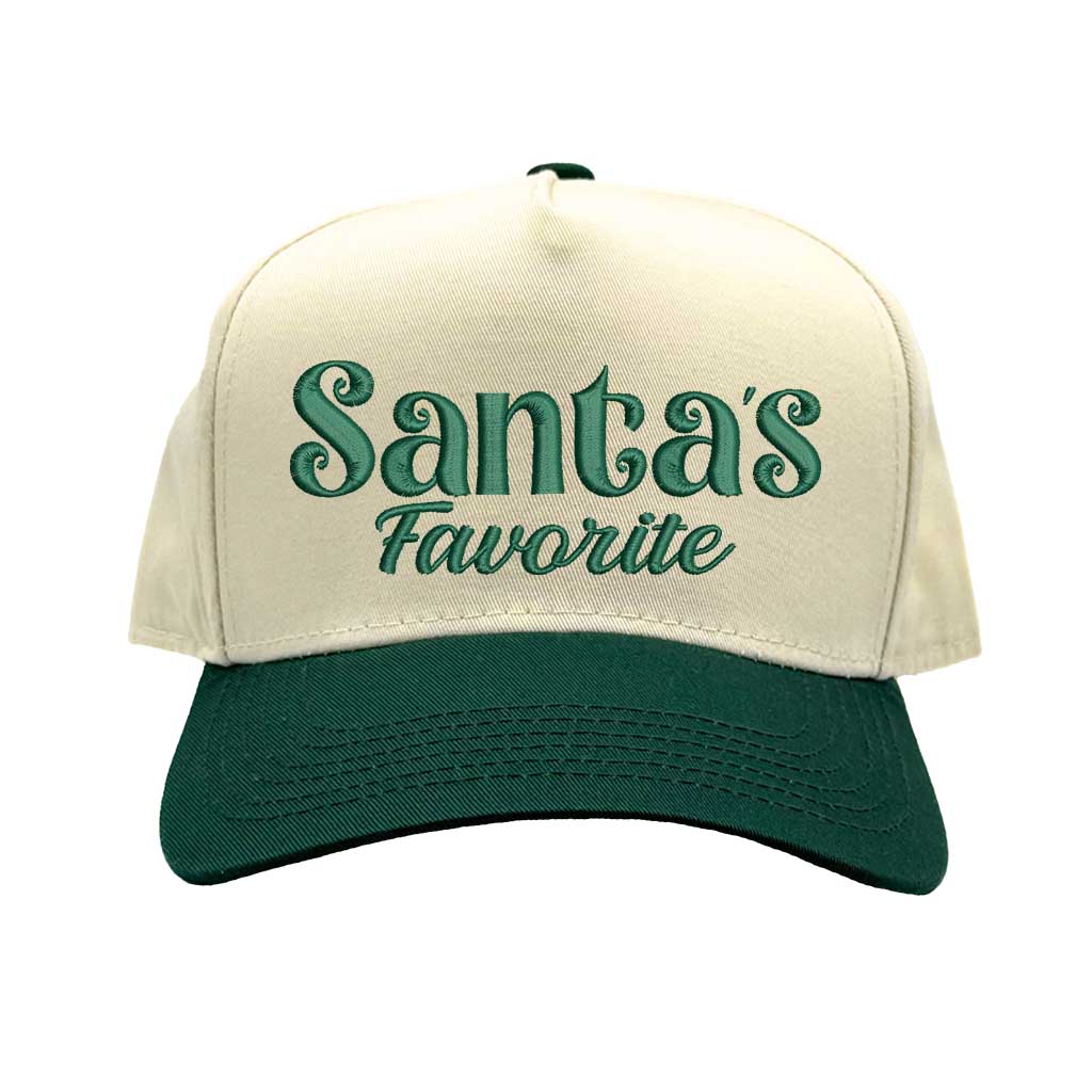 Natural Forest Green Santa’s Favorite Christmas Two Tone 5 Panel Embroidered Baseball Hat with bold festive embroidery and adjustable snapback closure – DSY Lifestyle