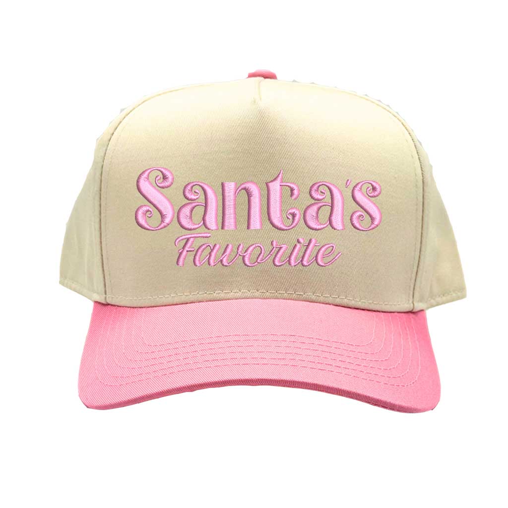 Natural Light Pink Santa’s Favorite Christmas Two Tone 5 Panel Embroidered Baseball Hat with bold festive embroidery and adjustable snapback closure – DSY Lifestyle
