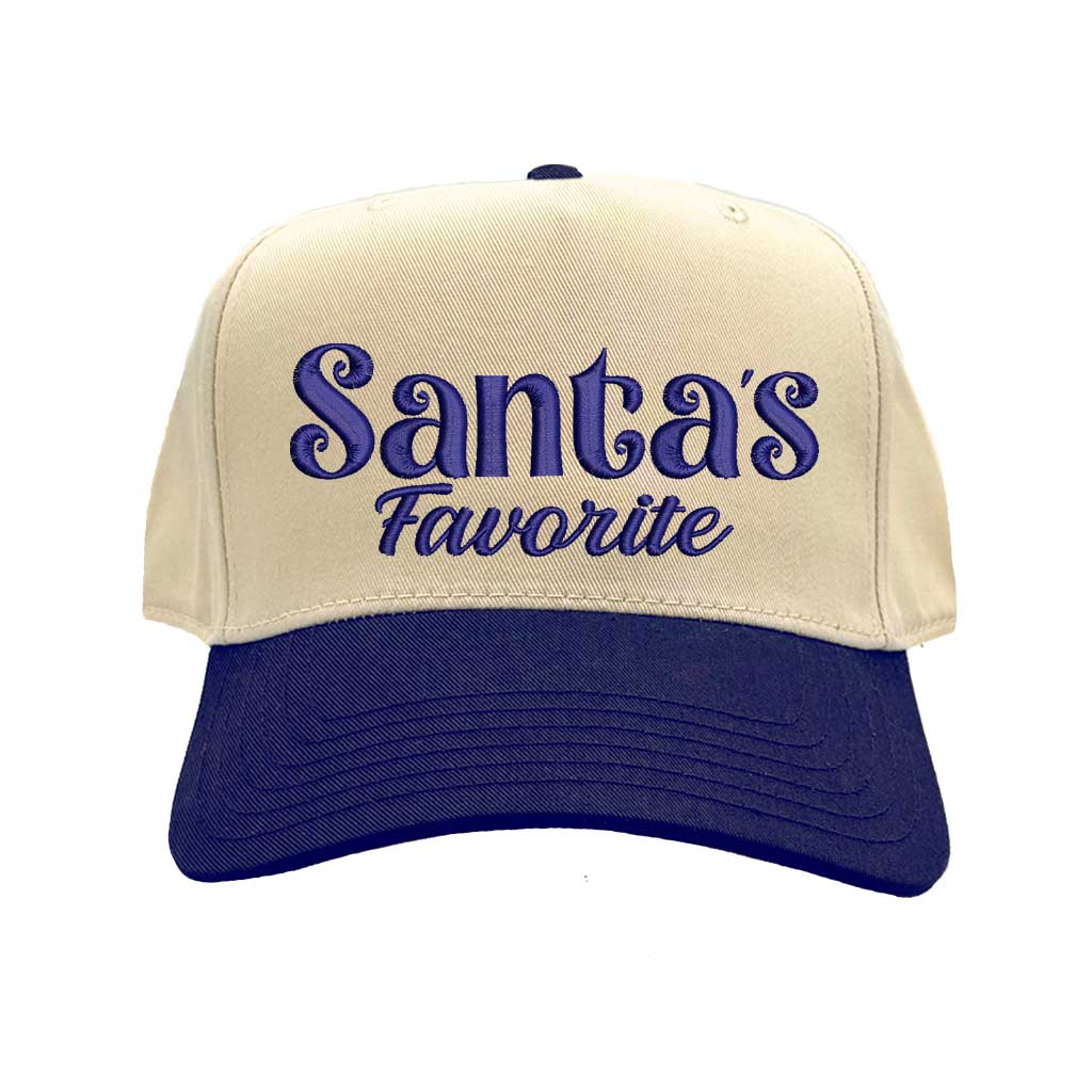Natural Navy Blue Santa’s Favorite Christmas Two Tone 5 Panel Embroidered Baseball Hat with bold festive embroidery and adjustable snapback closure – DSY Lifestyle