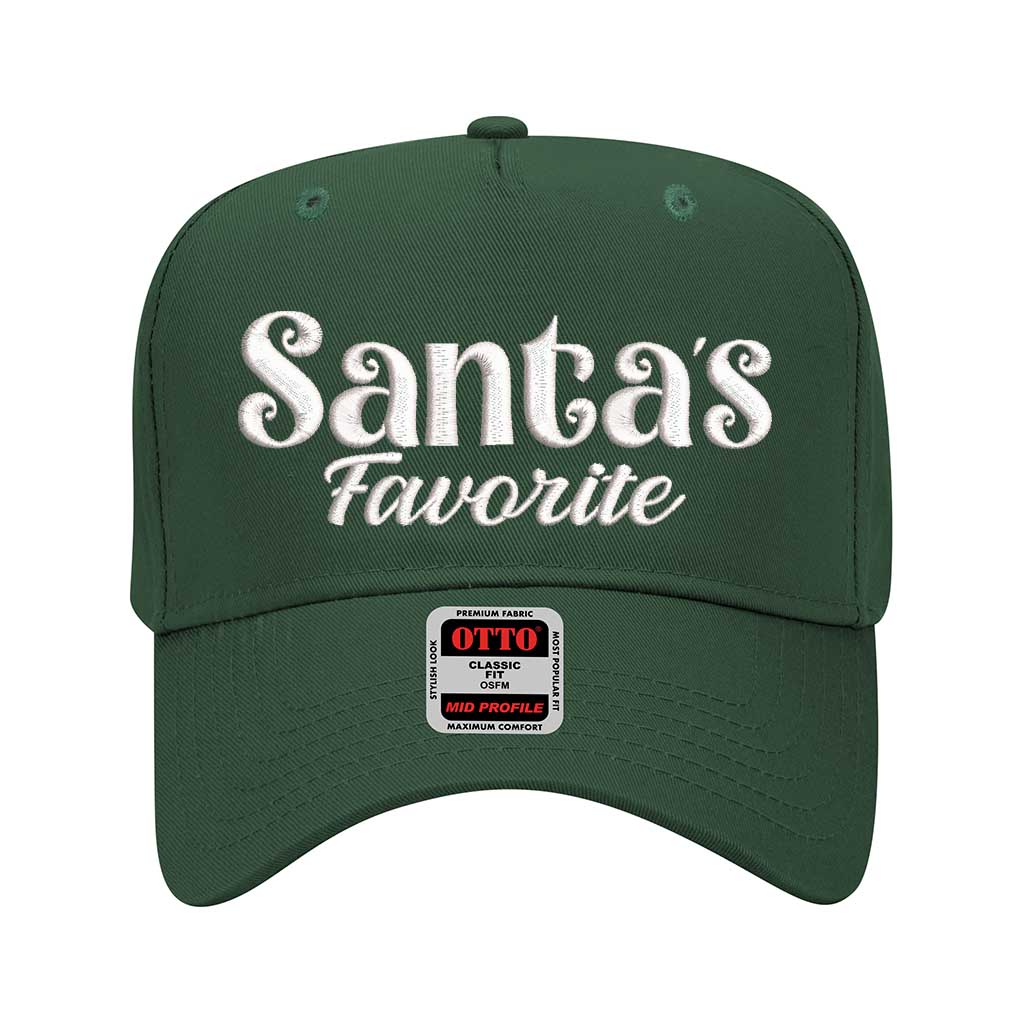 Forest Green Santa’s Favorite Christmas 5 Panel Embroidered Baseball Hat with bold festive embroidery and adjustable snapback closure – DSY Lifestyle