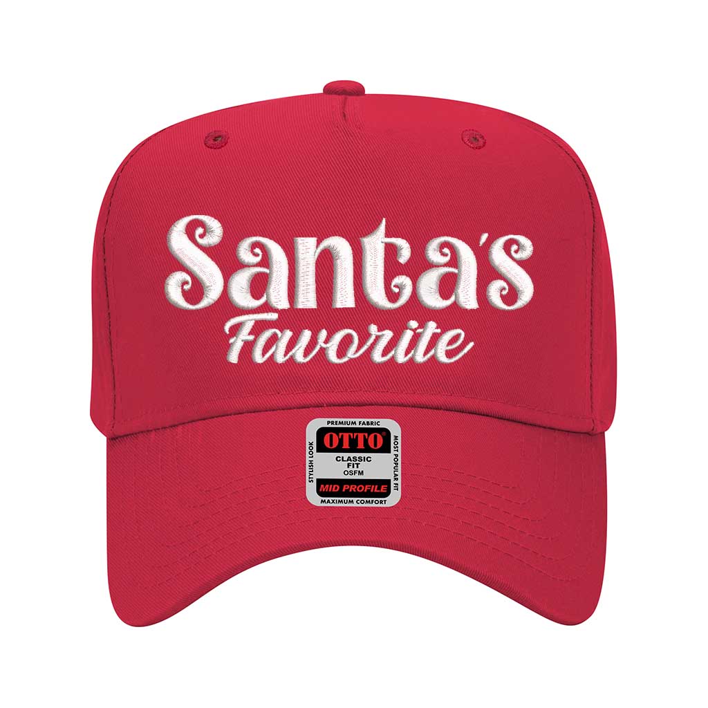 Red Santa’s Favorite Christmas 5 Panel Embroidered Baseball Hat with bold festive embroidery and adjustable snapback closure – DSY Lifestyle