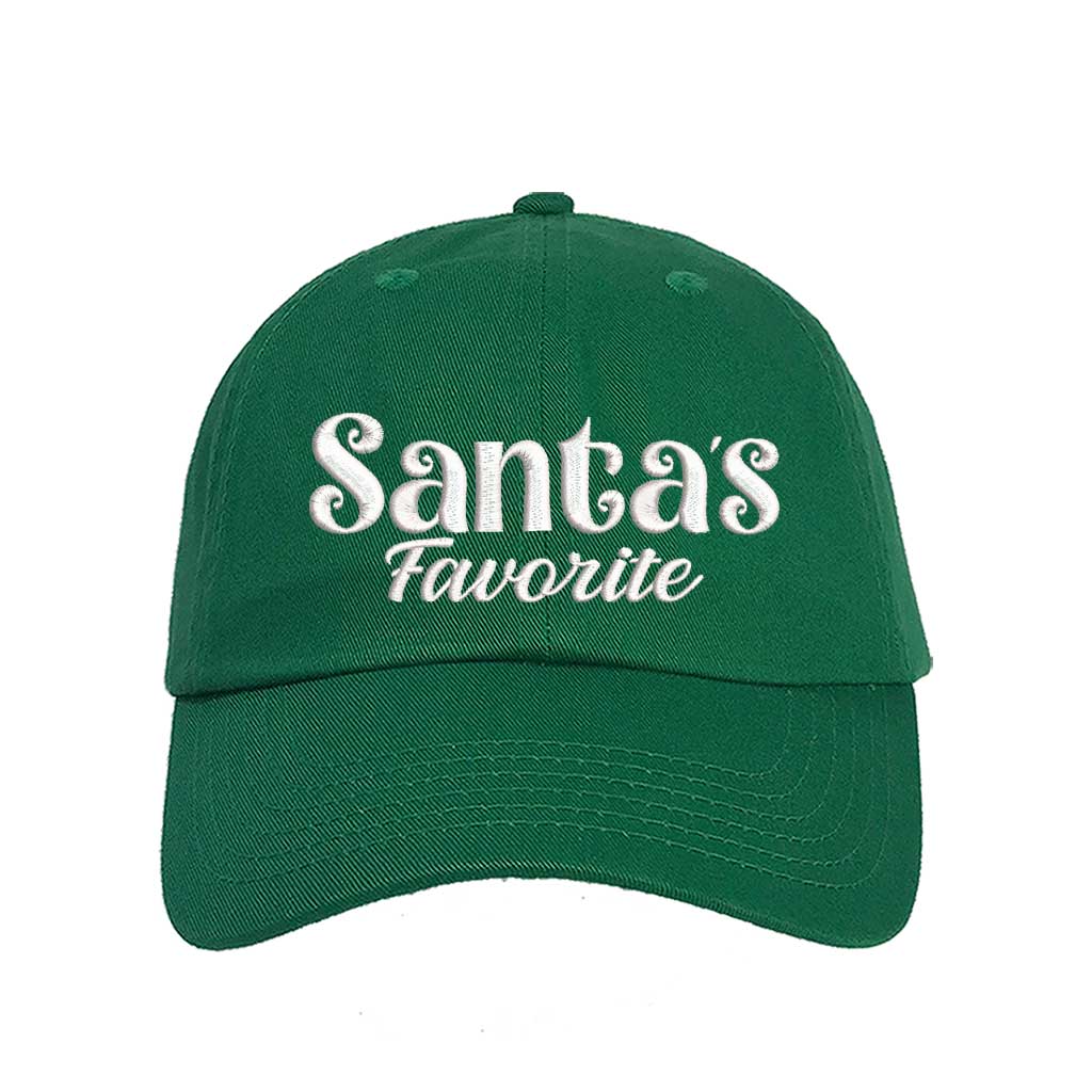 Kelly Green Santa’s Favorite Christmas Embroidered Baseball Hat featuring festive white stitching, curved brim, and adjustable strap for a cozy holiday look – DSY Lifestyle