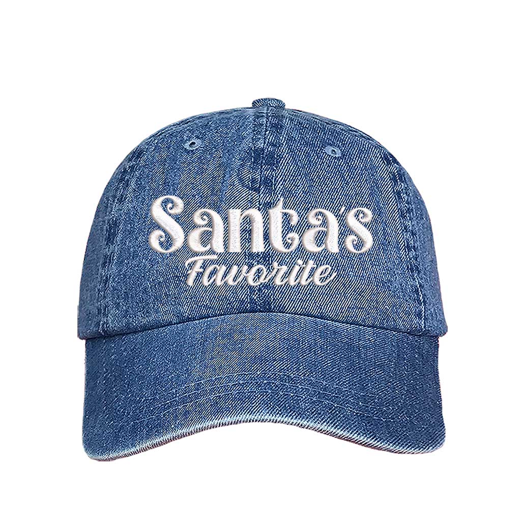 Light Denim Santa’s Favorite Christmas Embroidered Baseball Hat featuring festive white stitching, curved brim, and adjustable strap for a cozy holiday look – DSY Lifestyle