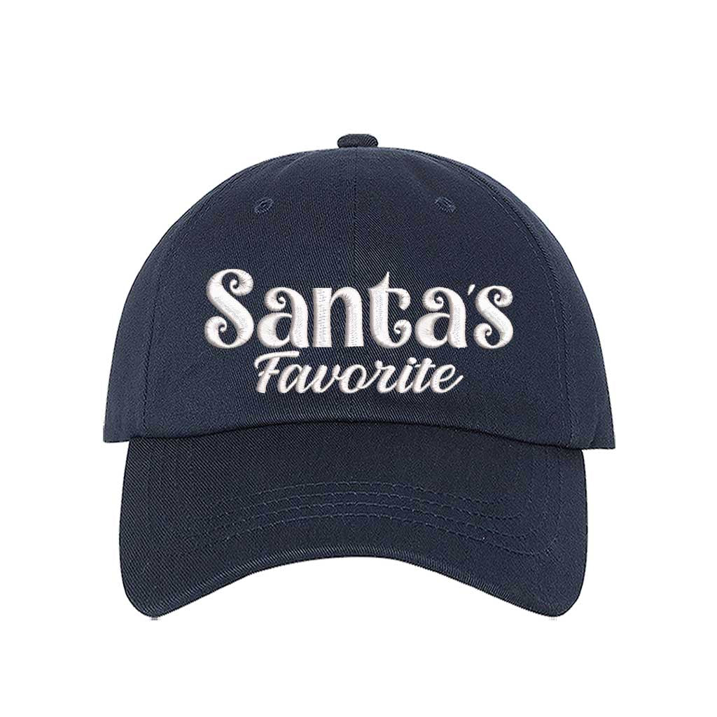 Navy Blue Santa’s Favorite Christmas Embroidered Baseball Hat featuring festive white stitching, curved brim, and adjustable strap for a cozy holiday look – DSY Lifestyle