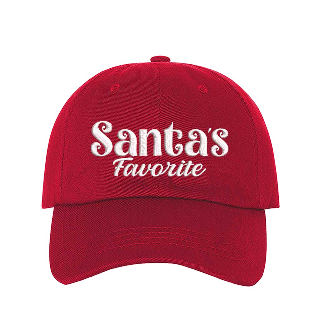 Red Santa’s Favorite Christmas Embroidered Baseball Hat featuring festive white stitching, curved brim, and adjustable strap for a cozy holiday look – DSY Lifestyle