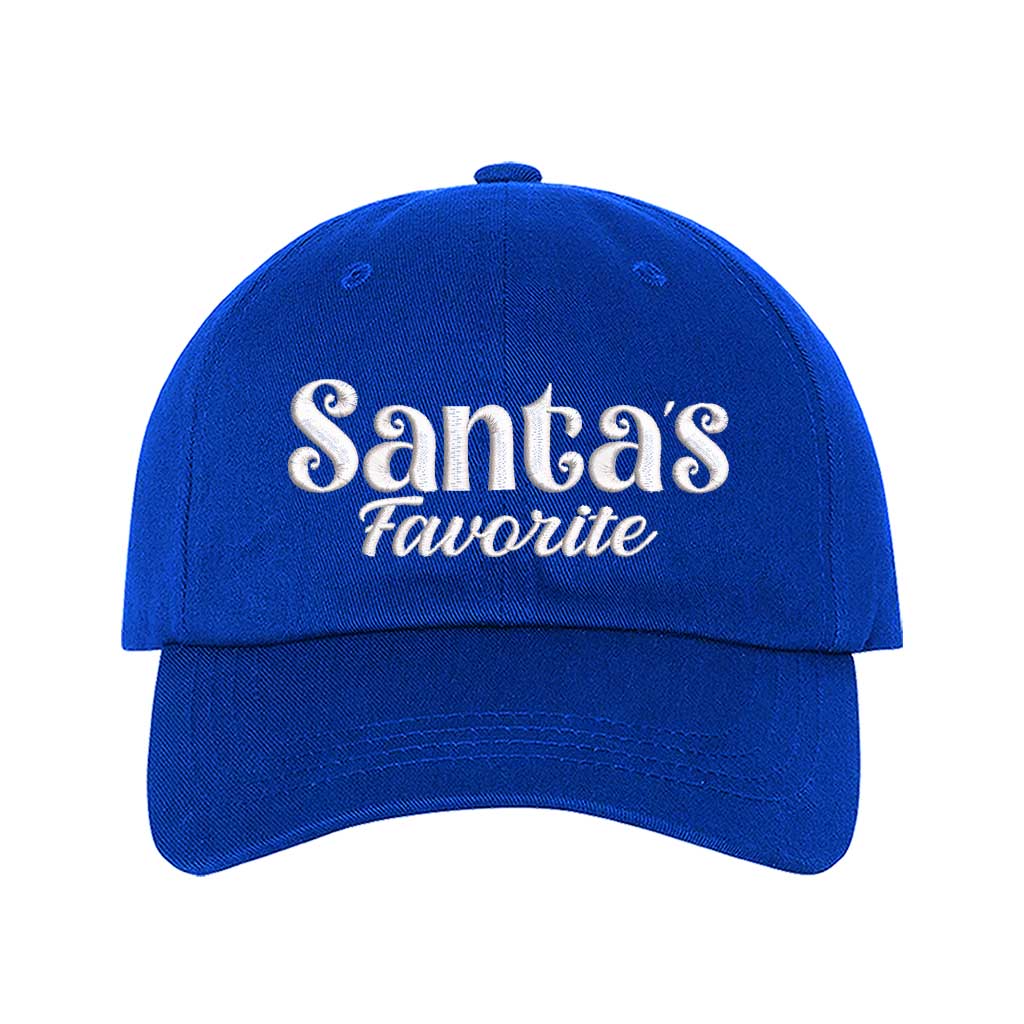 Royal Blue Santa’s Favorite Christmas Embroidered Baseball Hat featuring festive white stitching, curved brim, and adjustable strap for a cozy holiday look – DSY Lifestyle
