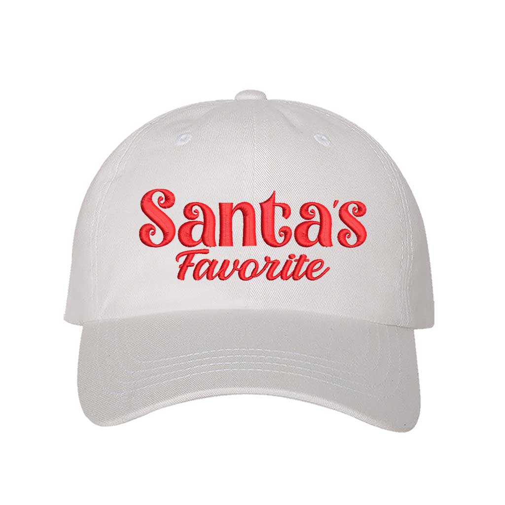 White Santa’s Favorite Christmas Embroidered Baseball Hat featuring festive red stitching, curved brim, and adjustable strap for a cozy holiday look – DSY Lifestyle