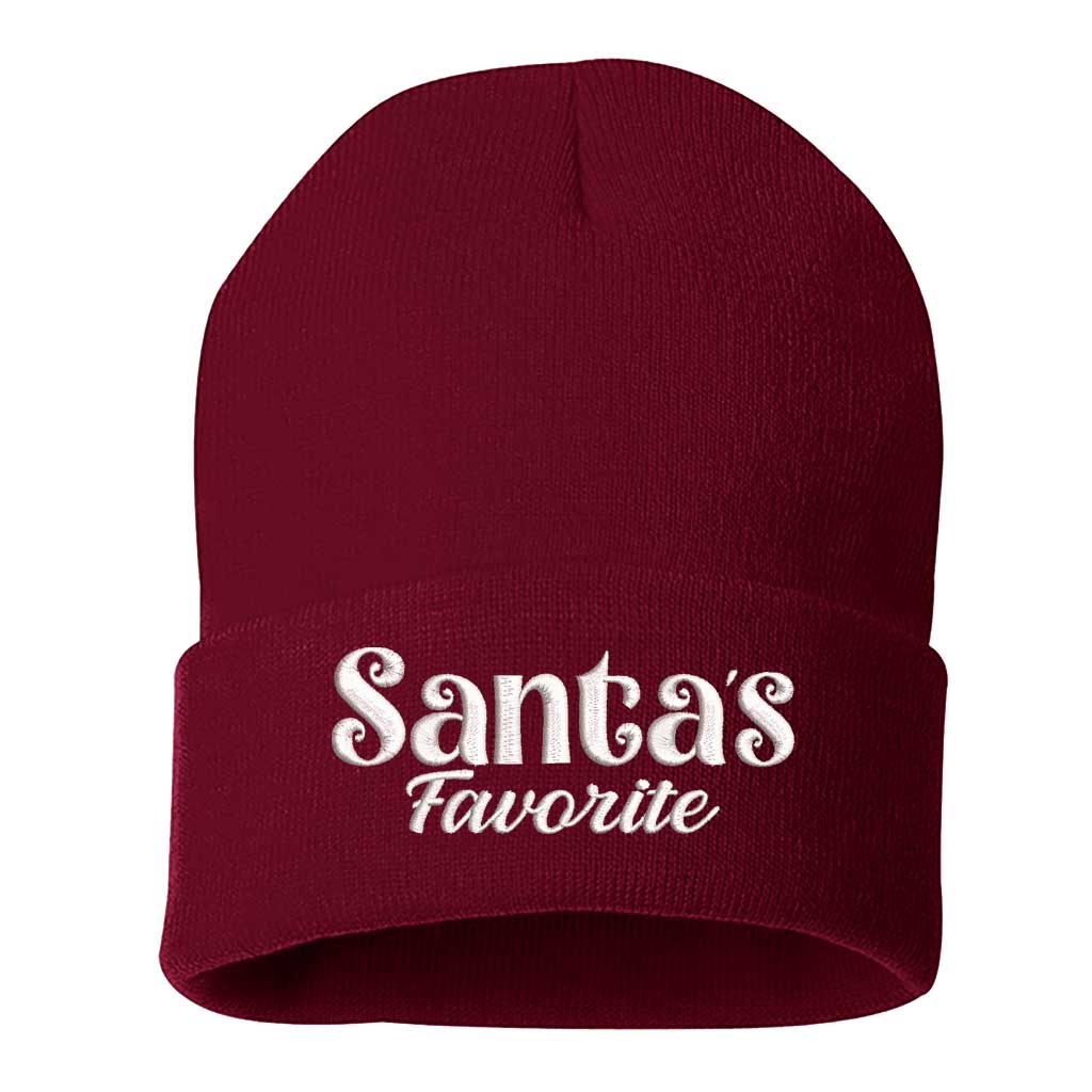Burgundy Santa’s Favorite Embroidered Beanie Cap featuring festive red embroidery on soft knit material – DSY Lifestyle