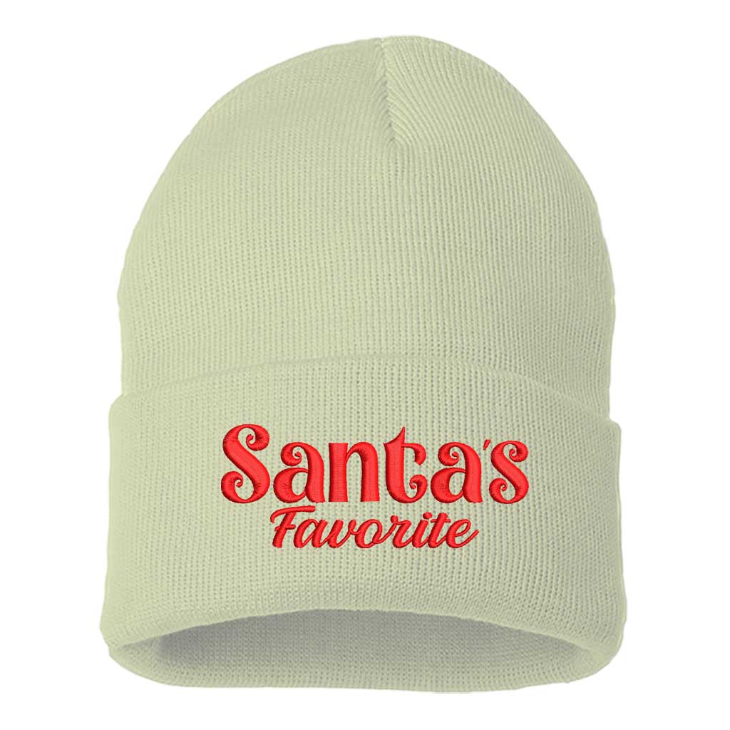 Cream with red thread Santa’s Favorite Embroidered Beanie Cap featuring festive red embroidery on soft knit material – DSY Lifestyle