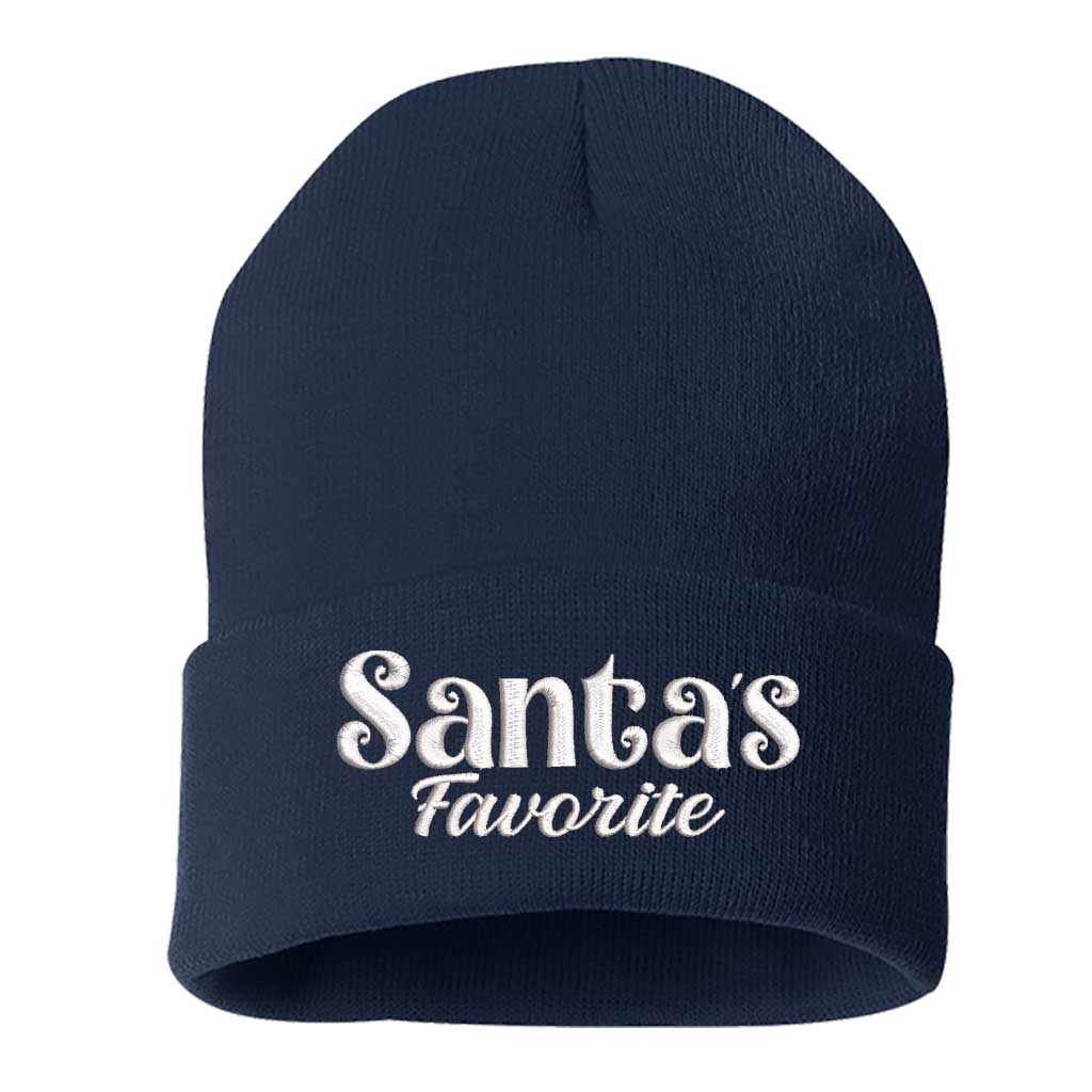 Navy Blue Santa’s Favorite Embroidered Beanie Cap featuring festive red embroidery on soft knit material – DSY Lifestyle