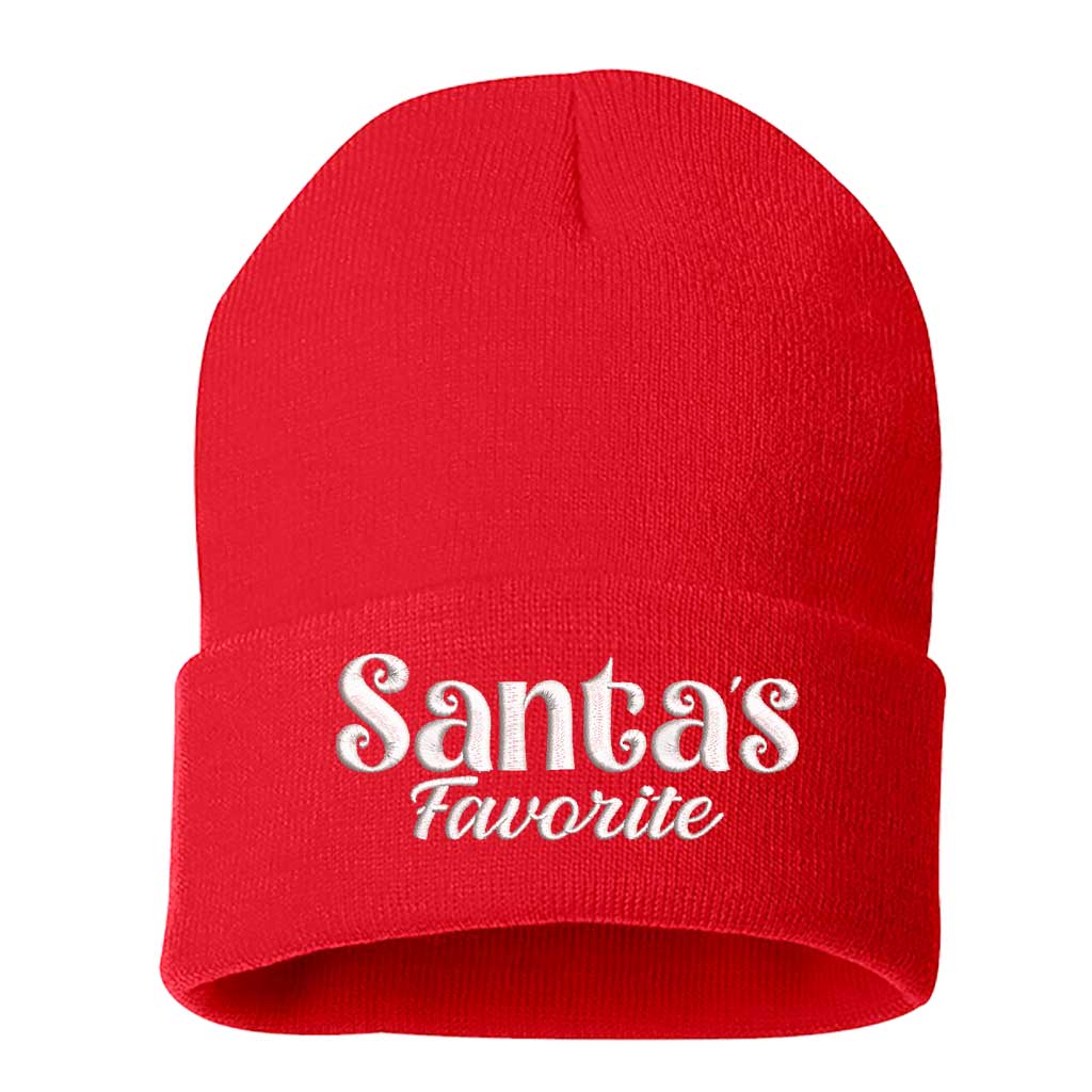 Red Santa’s Favorite Embroidered Beanie Cap featuring festive red embroidery on soft knit material – DSY Lifestyle