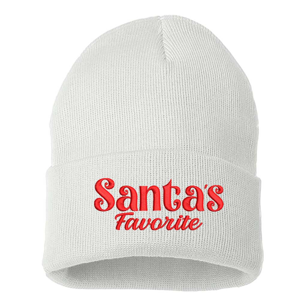 White with red thread Santa’s Favorite Embroidered Beanie Cap featuring festive red embroidery on soft knit material – DSY Lifestyle