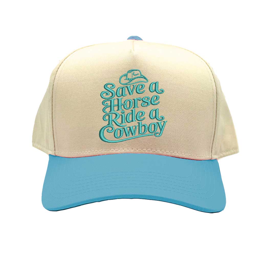 Natural Aqua Two-Tone 5 Panel Embroidered Baseball Hat structured, mid-to-high profile embroidered “Save a Horse Ride a Cowboy” - DSY Lifestyle