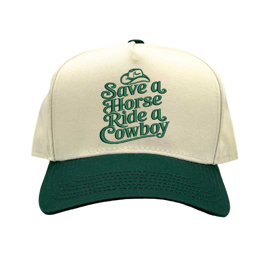 Natural Forest Green Two-Tone 5 Panel Embroidered Baseball Hat structured, mid-to-high profile embroidered “Save a Horse Ride a Cowboy” - DSY Lifestyle