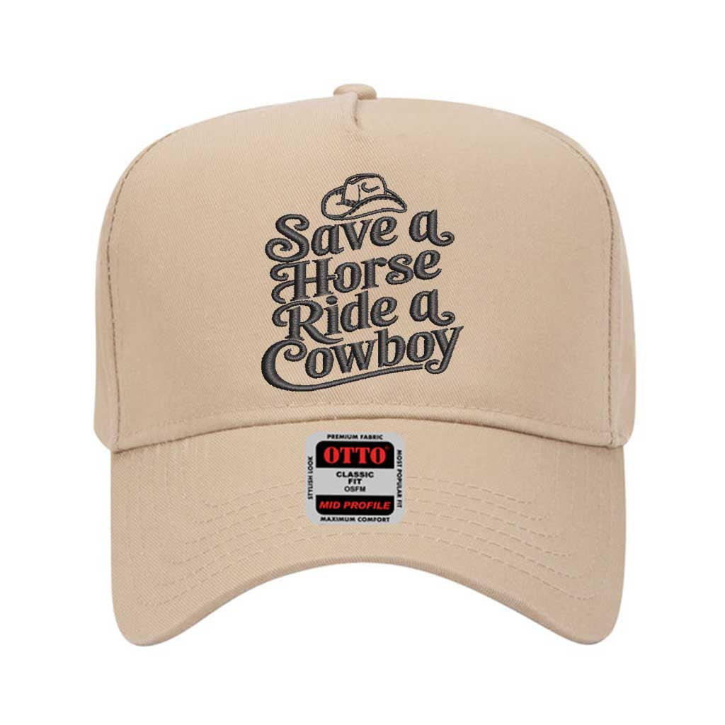 Solid Khaki 5 Panel Embroidered Baseball Hat structured, mid-to-high profile embroidered “Save a Horse Ride a Cowboy” - DSY Lifestyle
