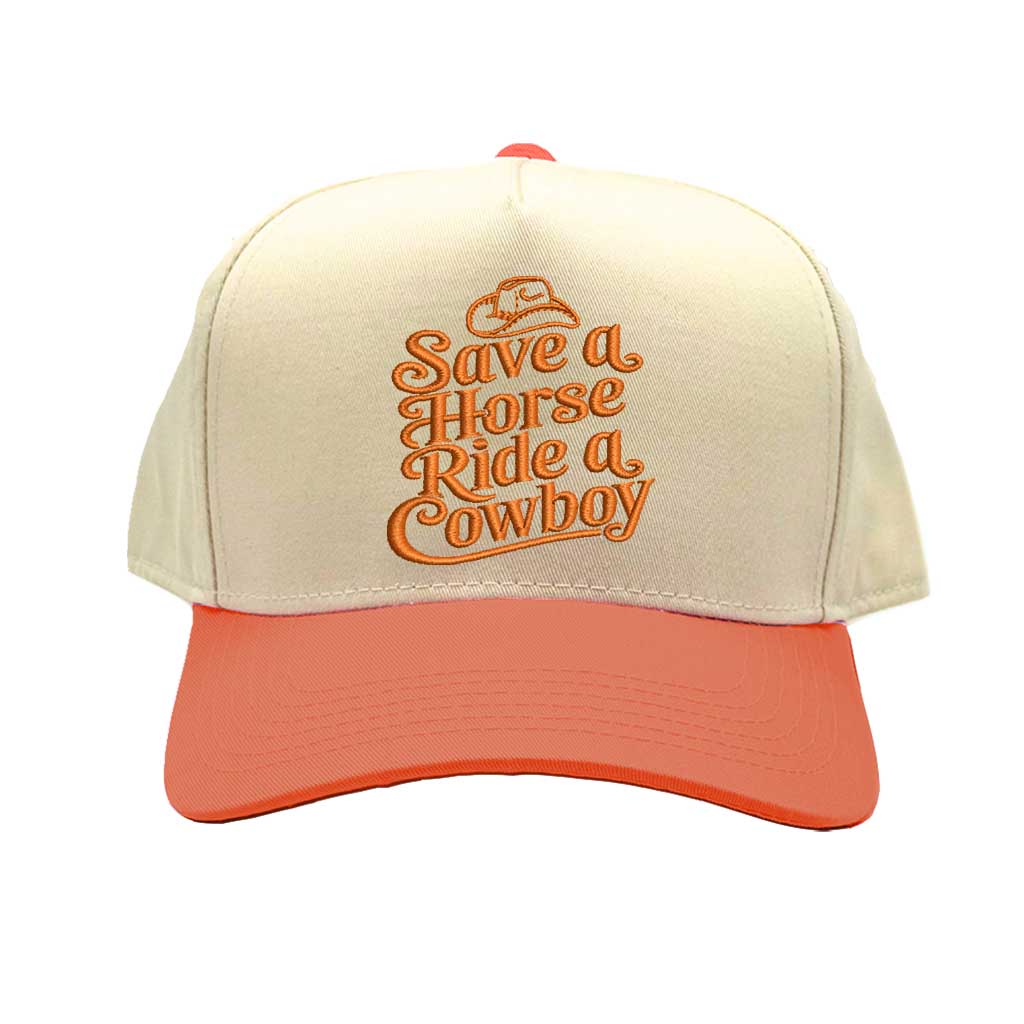 Natural Orange Two-Tone 5 Panel Embroidered Baseball Hat structured, mid-to-high profile embroidered “Save a Horse Ride a Cowboy” - DSY Lifestyle