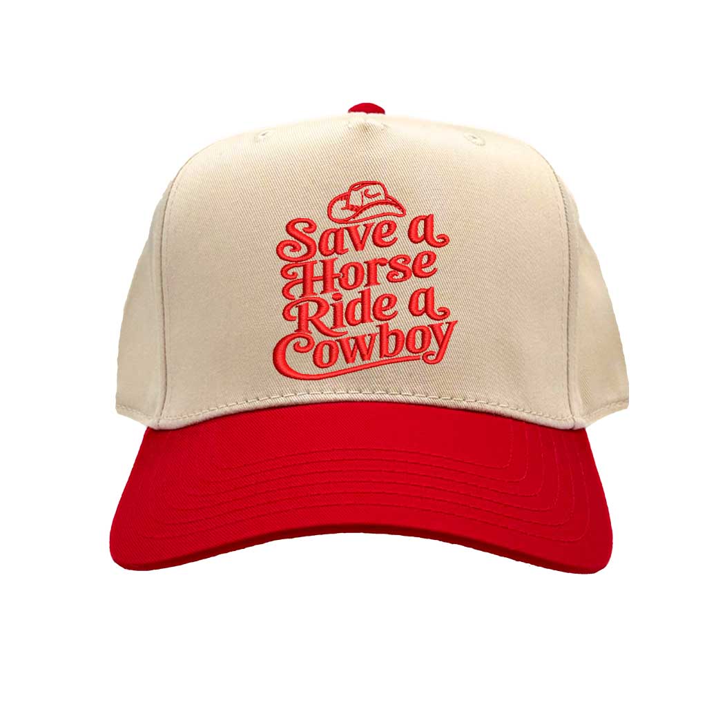 Natural Red Two-Tone 5 Panel Embroidered Baseball Hat structured, mid-to-high profile embroidered “Save a Horse Ride a Cowboy” - DSY Lifestyle