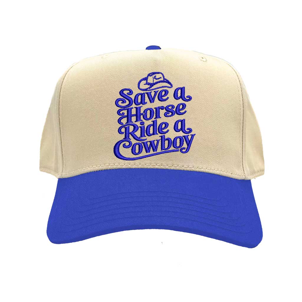 Natural Royal Blue Two-Tone 5 Panel Embroidered Baseball Hat structured, mid-to-high profile embroidered “Save a Horse Ride a Cowboy” - DSY Lifestyle