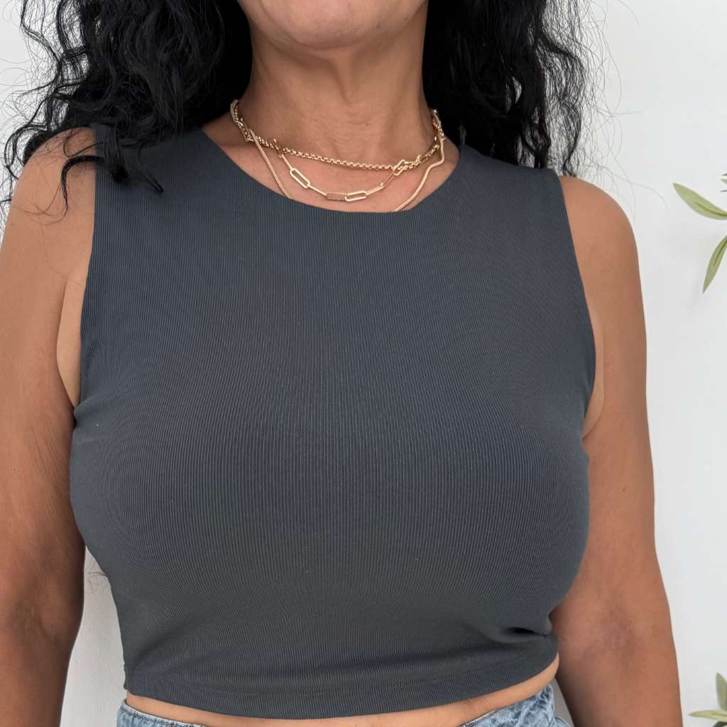 Woman wearing a Sleeveless Knit Crop Top in charcoal - DSY Lifestyle